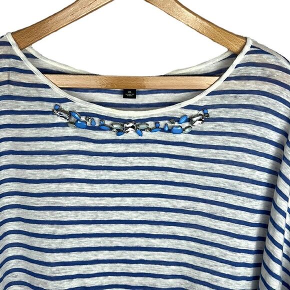 Ann Taylor Jewel Collar Striped 100% Linen Dolman Sleeve Top - Picture 3 of 12